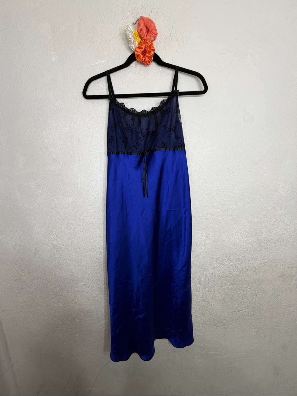 In Bloom by Jonquil Royal Blue Satin & Black Lace Long Chemise Slip Dress